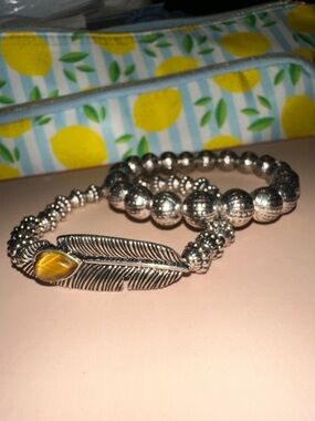 Set of Silver Feather Bracelet with Tiger’s Eye Accent Bead,and Silver tone bead